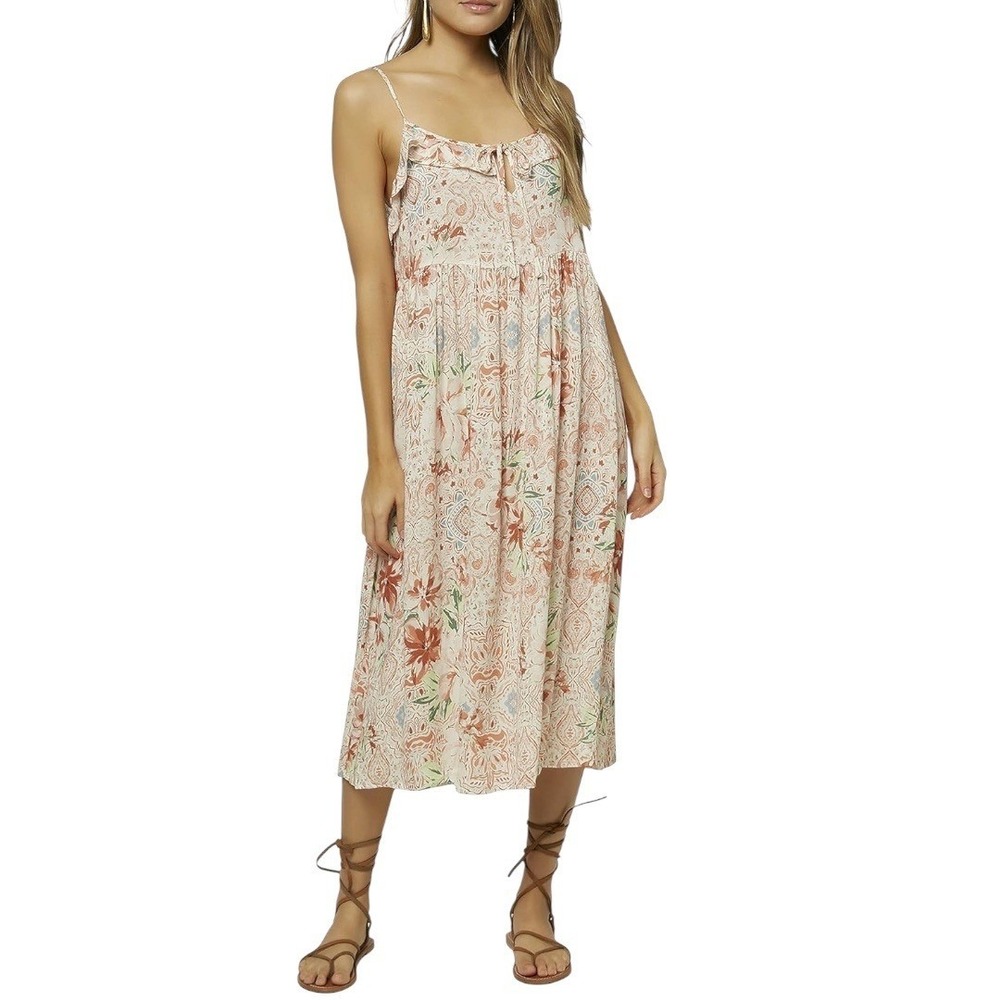 O'Neill Pink Floral Midi Dress with Rust and Green Accents